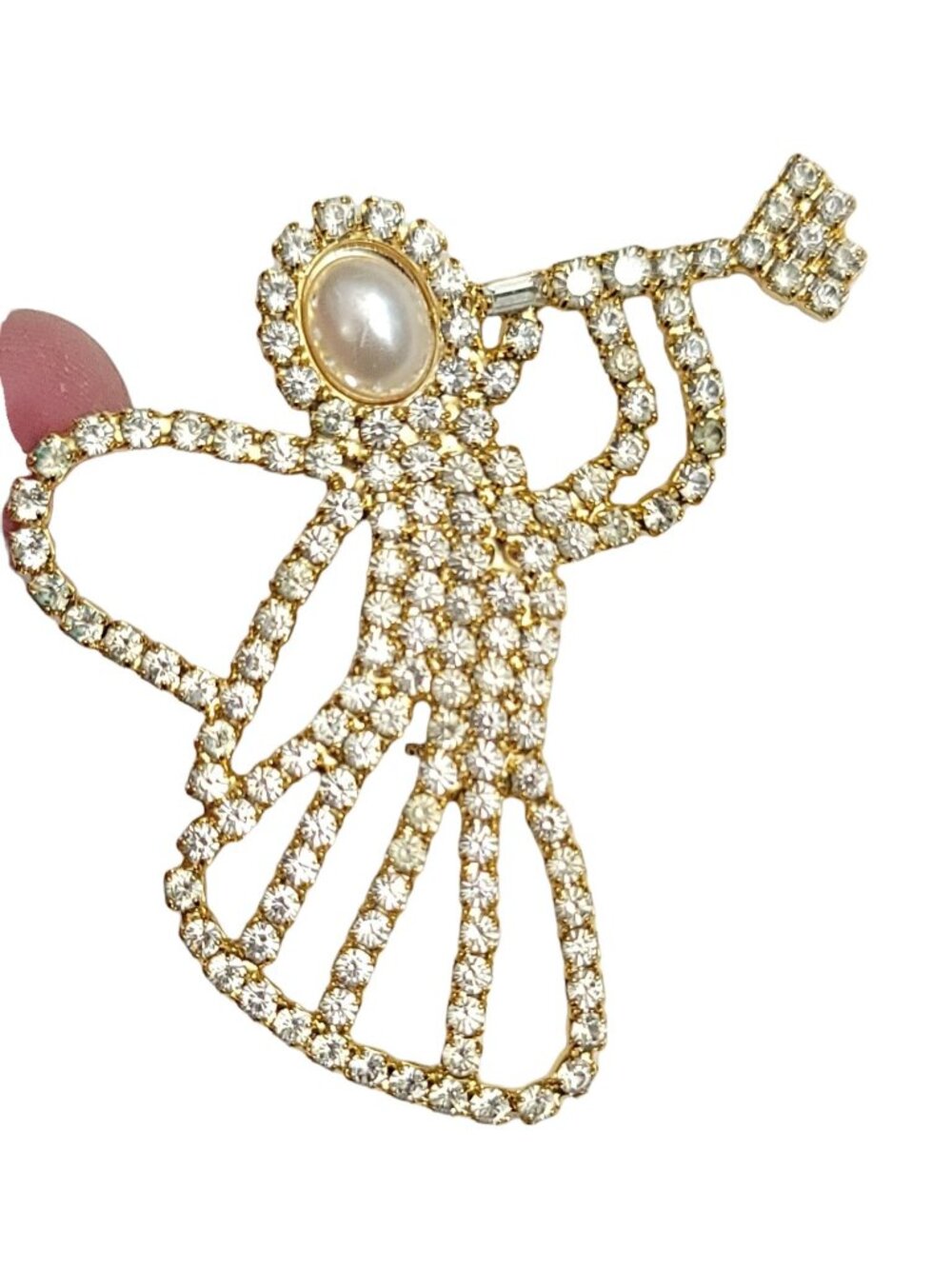 Gold Tone Clear Rhinestone Christmas Angel Blowing Horn Pin Brooch